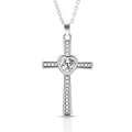 Collana con croce in argento, pietra centrale a cuore e cristalli pavé scintillanti - Collana Aprile Strass Croce Portafortuna