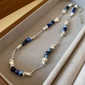 French retro beaded necklace with blue natural stone beads and silver butterfly charm - Blue Gemstone Texture Round Bead Necklace (37#)