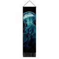 Vertical jellyfish wall tapestry with glowing blue art and decorative black tassels - 32.5x130cm / Style 3