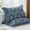Dark blue cotton pillowcases with white floral pattern and button closure design - Dark Blue Kaleidoscope