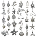 26-piece set of silver alloy marine pendants including starfish shells and sea turtles - 32Pcs Antique Silver Ocean Series