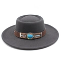 Detail of grey wide-brim wool fedora with bohemian leather band and turquoise stone - M (56-58cm) / Dark Gray