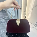 Elegant burgundy velvet evening clutch bag with golden leaf clasp and metal ring handle - Wine Red (Chain + Handle)
