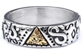 Close-up of retro silver ring featuring golden eye of providence and ornate patterns - US 7 / Retro All-seeing Eye Band (12308) / Two-tone Silver & Gold (12308)