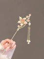 Elegant gold hair pin with pink flower pendant and dangling pearl tassels for women - Flower Pink Tassel