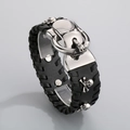 Wide black leather punk bracelet featuring silver skull charms and a skull-carved buckle - Skull Rivet Wide Leather Cuff Style / 25x225mm(KB100281-BD)