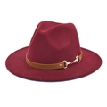 Detail of burgundy fedora hat featuring a brown faux leather band and gold horsebit buckle - Burgundy / M (56-58cm)