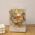 Mini artificial bouquet in acrylic box with yellow and pink roses on a wooden desk - Champagne / Orange Pink