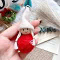 Handmade wool felt Christmas doll ornament with white pigtails and red hat on wooden bead - Red Ball Body White Pointed Hat Braids Doll (A14)