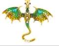 Golden dragon pendant with gradient enamel wings and sparkling blue crystal scales - Antique Gold Light Green Pendant