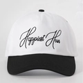 Close-up of Happiest Hour black embroidery on white and black cotton baseball cap - White and Black Splicing