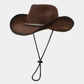 Detailansicht eines dunkelbraunen Stroh-Cowboyhuts mit feiner Webstruktur und Kinnkordel - Kaffeebraun