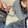 Silver double layer hoop earrings in minimalist geometric design for women - Dual Layer Overlapping Simple Hoop / Silver