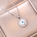 Minimalist silver chain necklace featuring a blue evil eye pendant with zircon baguette stones - X0194 Blue Eye