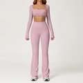 Conjunto de yoga rosa con crop top de cuello cuadrado y pantalones acampanados de talle alto - S / Manga Larga + Pantalones de Campana / Púrpura Rosa