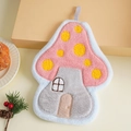 Detail of coral fleece mushroom hand towel with hanging loop in soft pink and grey - Pink