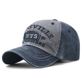 Berretto da baseball retrò blu-grigio lavato con ricamo NYS e finitura invecchiata - Fronte Grigio Corpo Blu Notte