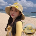 Detail of sunflower embroidery on beige handmade straw sun hat with wide brim - L (58-60cm) / Sunflower Decor Beige