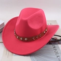 Rose red wool felt cowboy hat with brown leather belt and silver metal rivets - Wave Pattern Strap / Rose Red