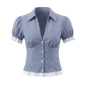 Blauw-wit geruit damesoverhemd met korte mouwen, V-hals en delicate witte kanten rand - S / Tops