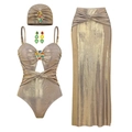 Conjunto de bikini bronce metálico con pedrería, falda cruzada y pañuelo a juego - S / Conjunto de 4 Piezas Dorado (Tirantes)