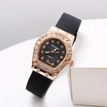 Luxury rose gold tonneau quartz watch with diamond bezel and black silicone strap - Black