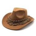 Vintage brown wool felt jazz hat with bohemian tassels and metal chain for men and women - M (56-58cm) / Khaki