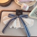 Elegante pinza de pelo con lazo de cuadros azules y bordado de encaje blanco coreano - Encaje Azul De Cuadros