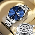 Business watch with blue dial and silver stainless steel strap featuring dual calendar - Silver Blue Dial (Mechanical Back)