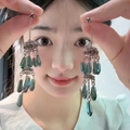 Detailed close-up of vintage tassel earrings with silver chains and teal teardrop pendants - 13# 925 Sterling Silver Earring Post-Gold-Blue-Dark Green Drop Tassel