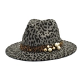 Stylish grey leopard print wool fedora hat for women with decorative pearl and gold band - M(56-58cm) / Gray