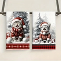 Christmas microfiber kitchen towels featuring festive cartoon cat prints in red and white - Design 18 (2PCS)