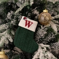 Dark green knitted Christmas stocking with white cuff and red embroidered letter W - Green/Letter W