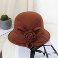 Deep brown wool felt cloche hat with textured 3D flower decoration for a retro look - M / Four-leaf Rose / Caramel color