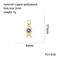 Macro view showing 17x6mm gold plated fish pendant dimensions and blue gemstone detail - Little Fish Shape Pendant Style (P01838)