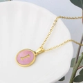 Pink shell round pendant necklace with golden letter I on a delicate gold cross chain - Pink-I