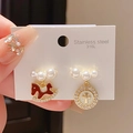 Asymmetric earrings featuring red rocking horse and cross medal with white pearls - 77# Asymmetric Red Rocking Horse Cross Medal Studs (Pair)