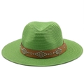 Detailed straw weave texture of a light green sun hat with a brown studded leather band - M (56-58cm) / Fruit Green
