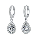 Macro shot of silver teardrop earrings with pear-cut cubic zirconia and pavé halo detail - Teardrop Earrings (ED70)