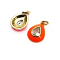 Detailed front and back view of orange enamel teardrop pendants with zircon stone - Orange