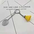 Silver mini badminton racket keychain with a yellow shuttlecock on a white card - 4.8cm*3.8cm / Metal Badminton Yellow