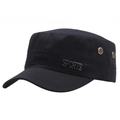 Classic black cotton flat top military cap with metal sports logo and air vents - Black with Metal Tag