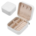 White textured jewelry box with zipper closure and beige velvet ring storage compartments - White