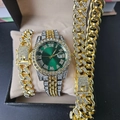 Men's hip hop jewelry set with iced out watch and Cuban links in gold and silver finish - Green Watch + Gold Bracelet and Necklace