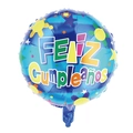 Blue round foil balloon with sun motif and Spanish Feliz Cumpleaños birthday text - Round Sunflower Spanish Birthday