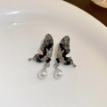 Silver butterfly earrings with dark stone inlay and white teardrop pearl pendants - Black Silver Pin Baroque Pearl Colorblock Crystal Butterfly Stud Earrings