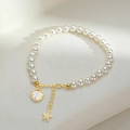 Bracciale di perle in argento S925 con ciondoli a stella marina dorata e conchiglia - Argento 925 / Perla Stile Swarovski 5mm
