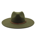 Olive green wide brim wool fedora hat with dark brown leather belt buckle detail - Army Green