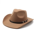Classic camel wool fedora hat with black leather belt and vintage wide brim for men and women - M (56-58cm) / Khaki