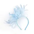 Sky blue feather fascinator headband with delicate mesh and beads on white background - Sky Blue